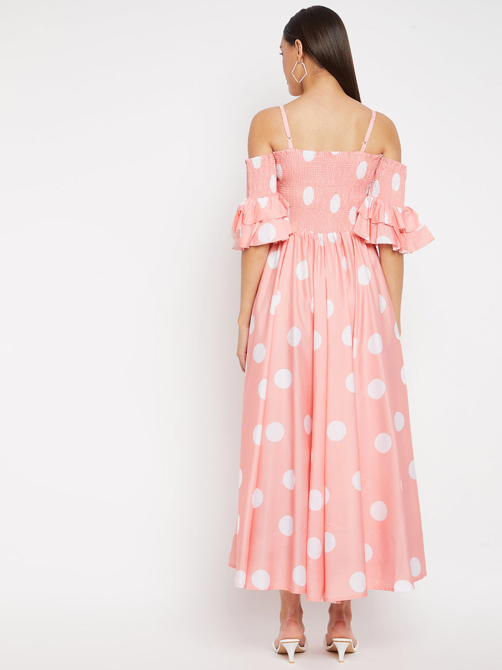 Women Pink Base and White Polka Dot Printed Maxi Dress