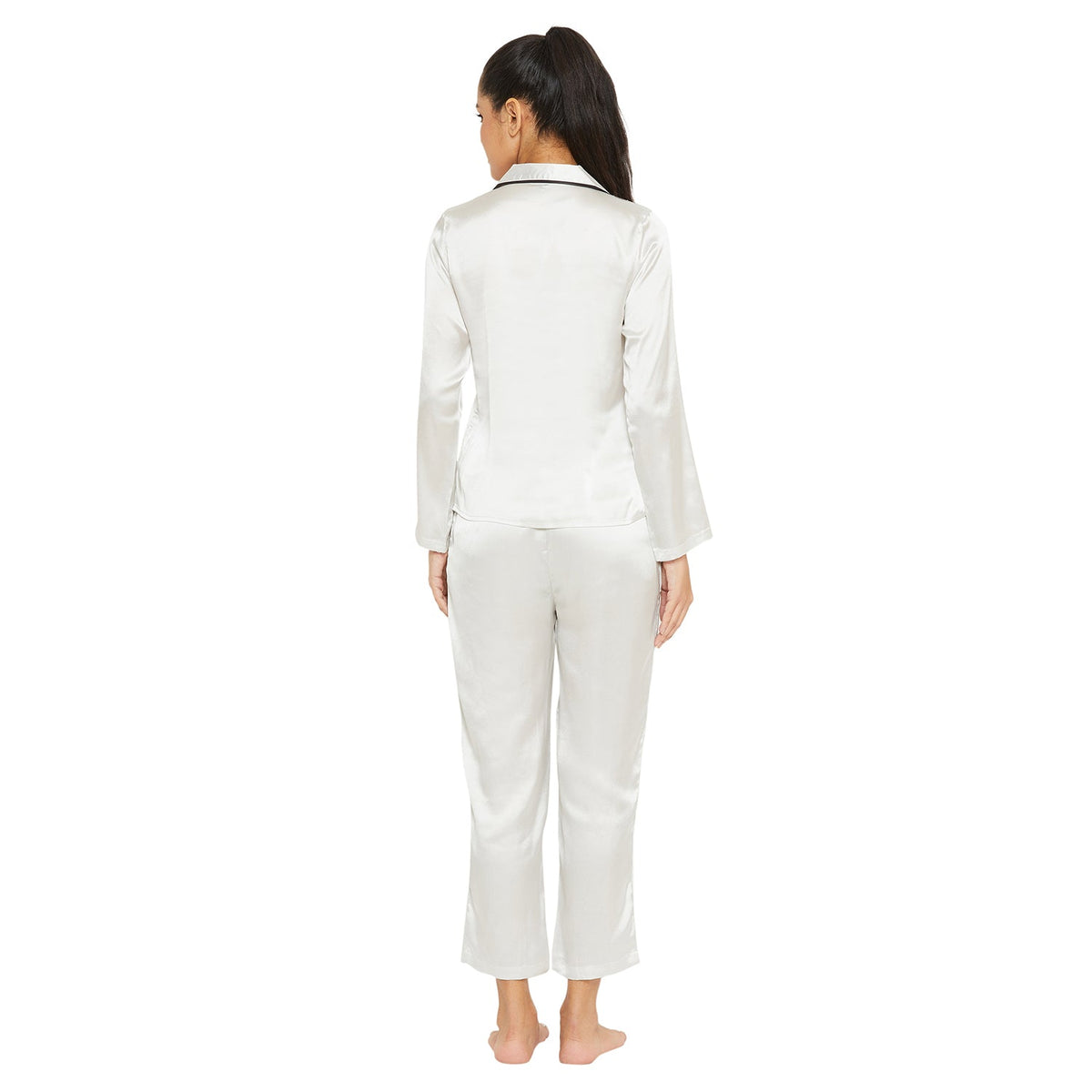 Women White Satin Finish Solid Night Suit