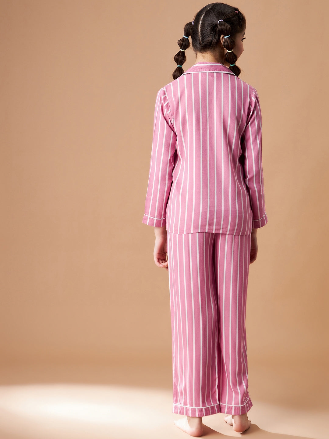 Girls Pink Striped Cotton Night Suit Set