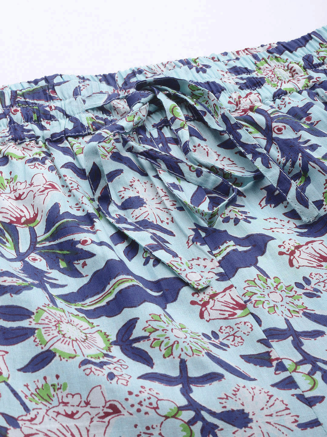 Women Blue & Green Cotton Floral Printed Comfort Fit Trousers