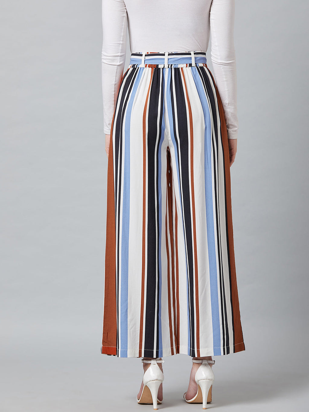 Women Blue & Black Relaxed Loose Fit Striped Trouser