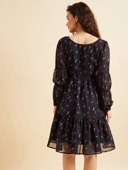 Puffed Sleeves Floral Printed Tiered Fit & Flare Georgette Dress