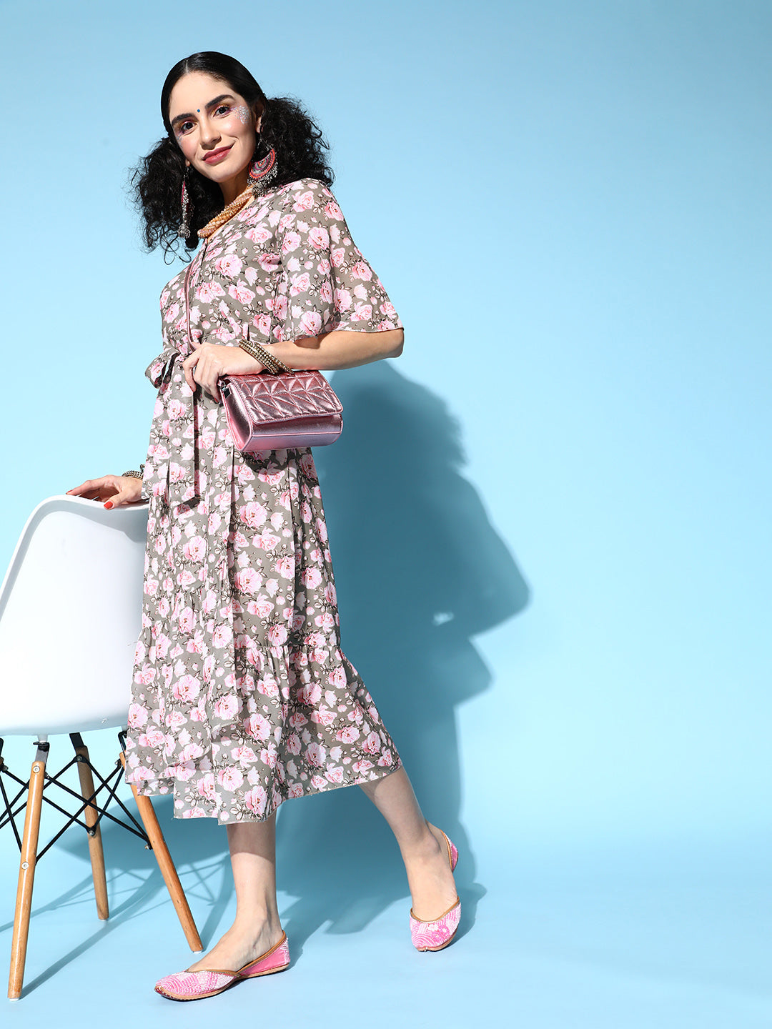 PANIT Women  Grey Floral Twist  Knot Dress