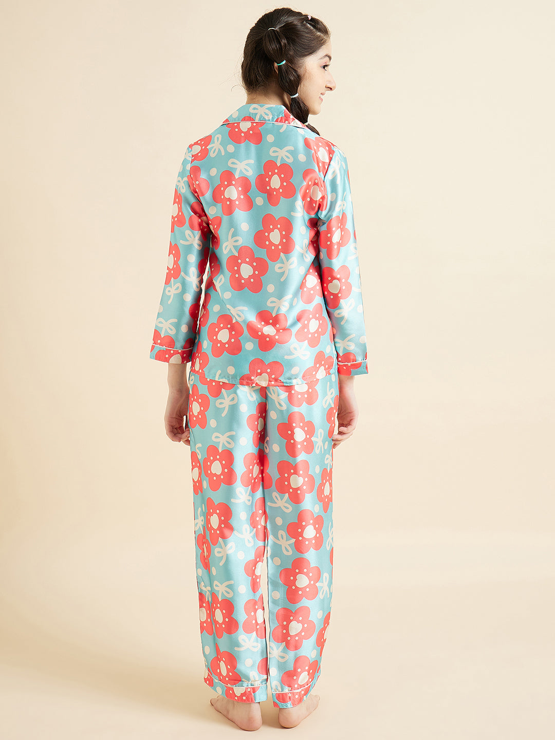 Girls Floral Printed Long Sleeves Satin Night suit
