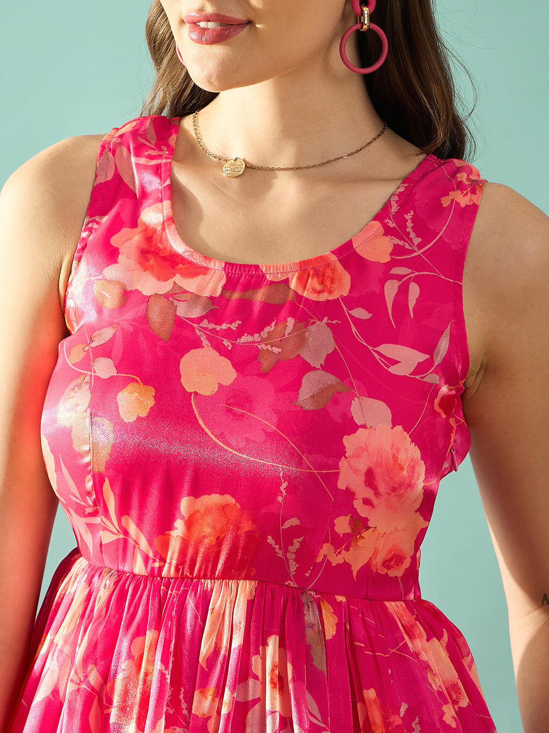 Magenta Pink Floral Print Fit & Flare Dress