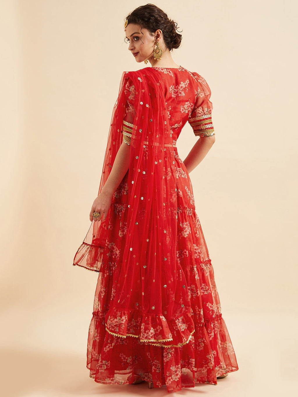 Red Floral Printed Ready to Wear Lehenga & Blouse With Dupatta
