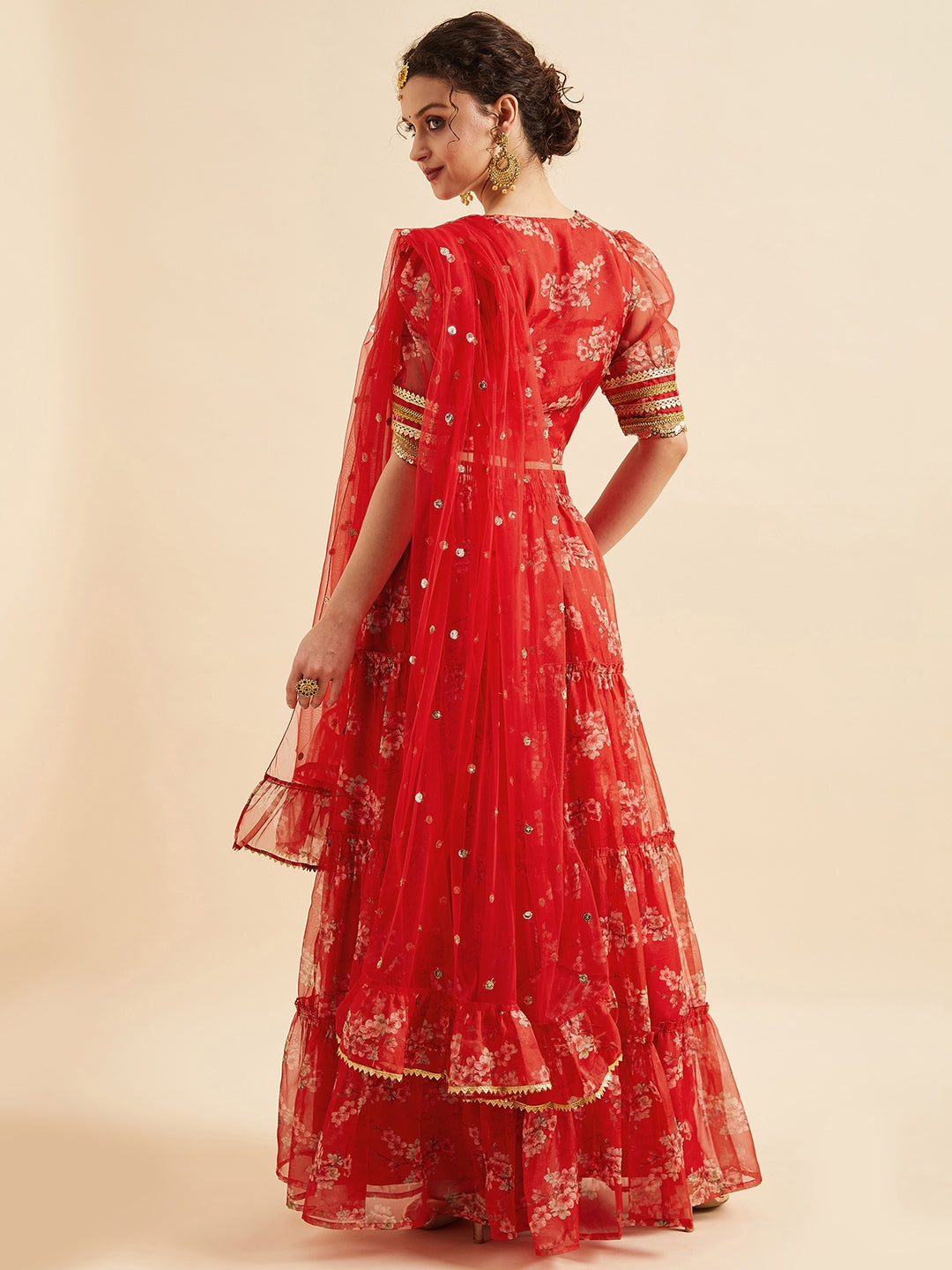 Red Floral Printed Ready to Wear Lehenga & Blouse With Dupatta