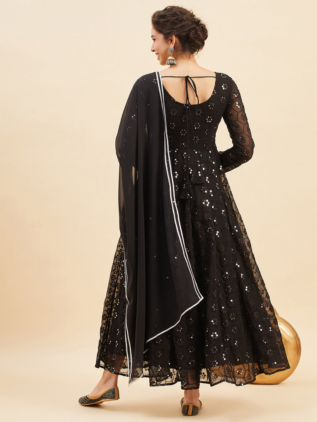 Black Mirror Embroidered Flared Ethnic Dresses With Dupatta