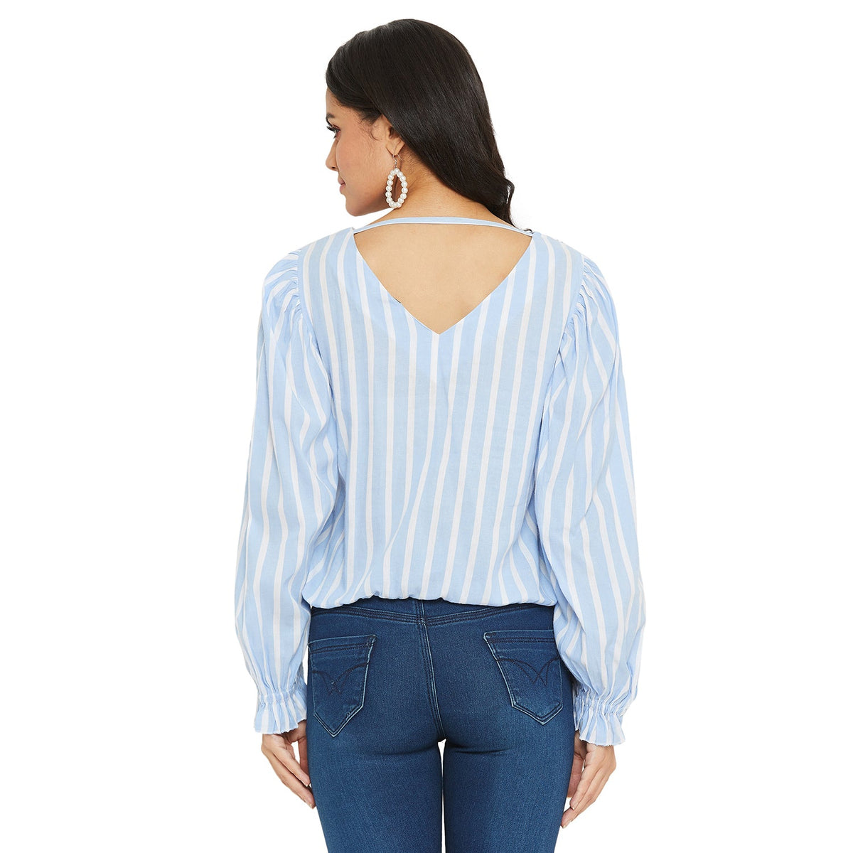 Ice Blue And white Stripe Top with gather sleeve and waist elastic