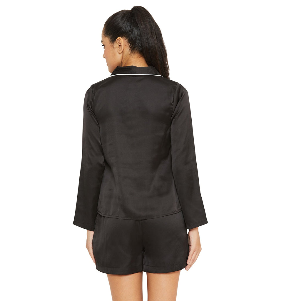 Women Black Satin Finish Solid Night Suit