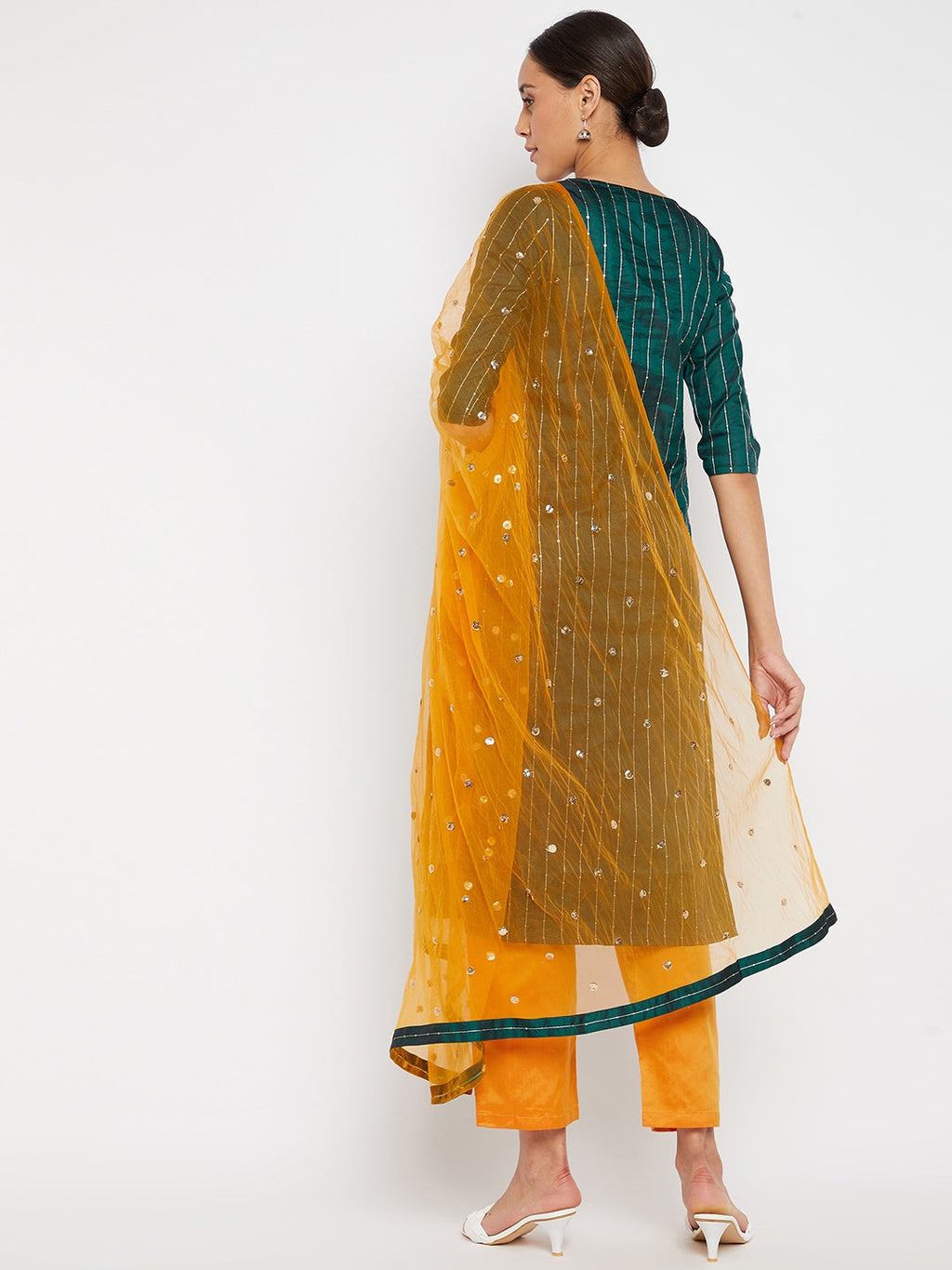 Women Green Mustard Sequin Straight Kurta Set with Dupatta