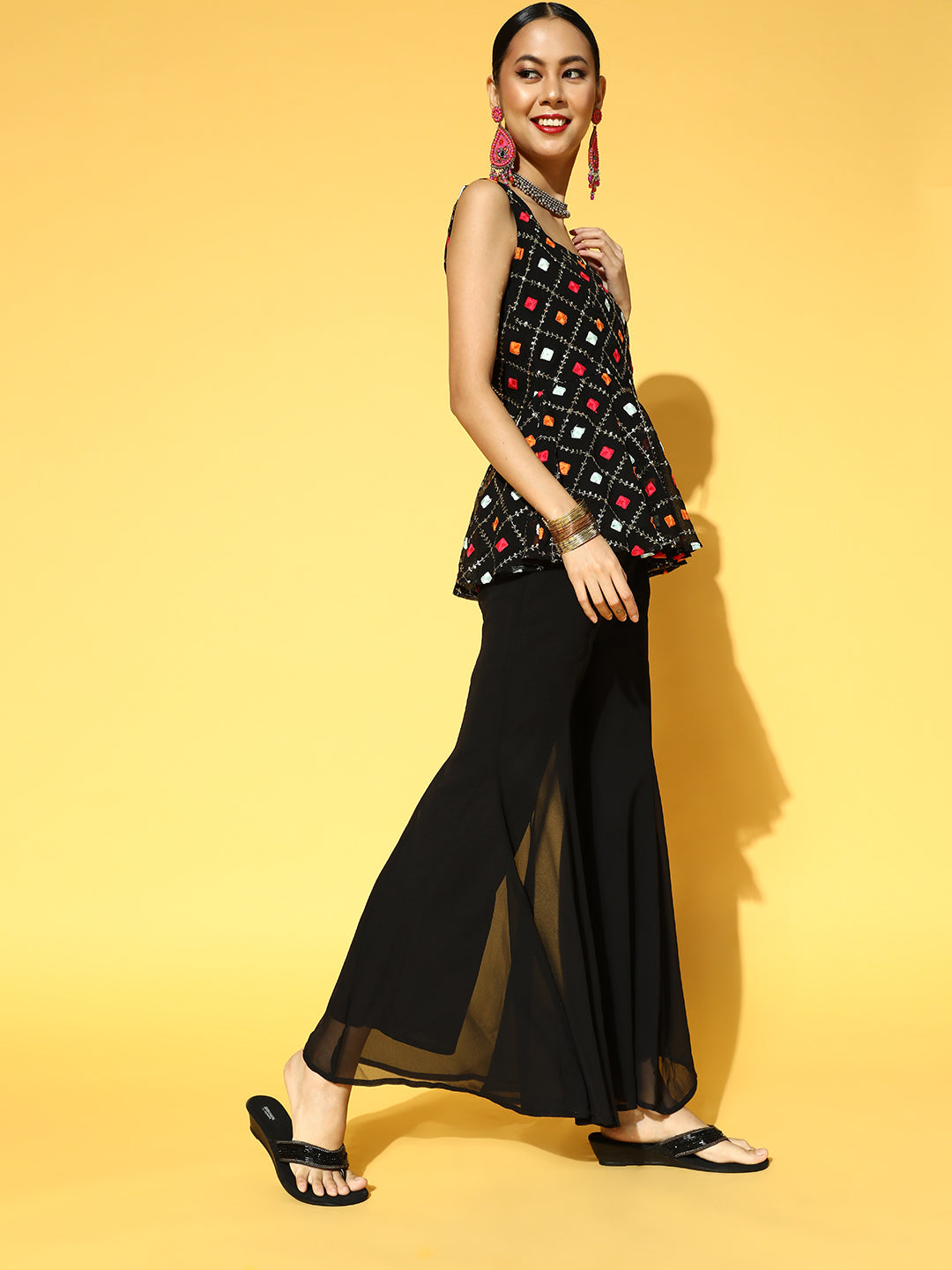 Women Black Embroidered Kurti with Palazzo