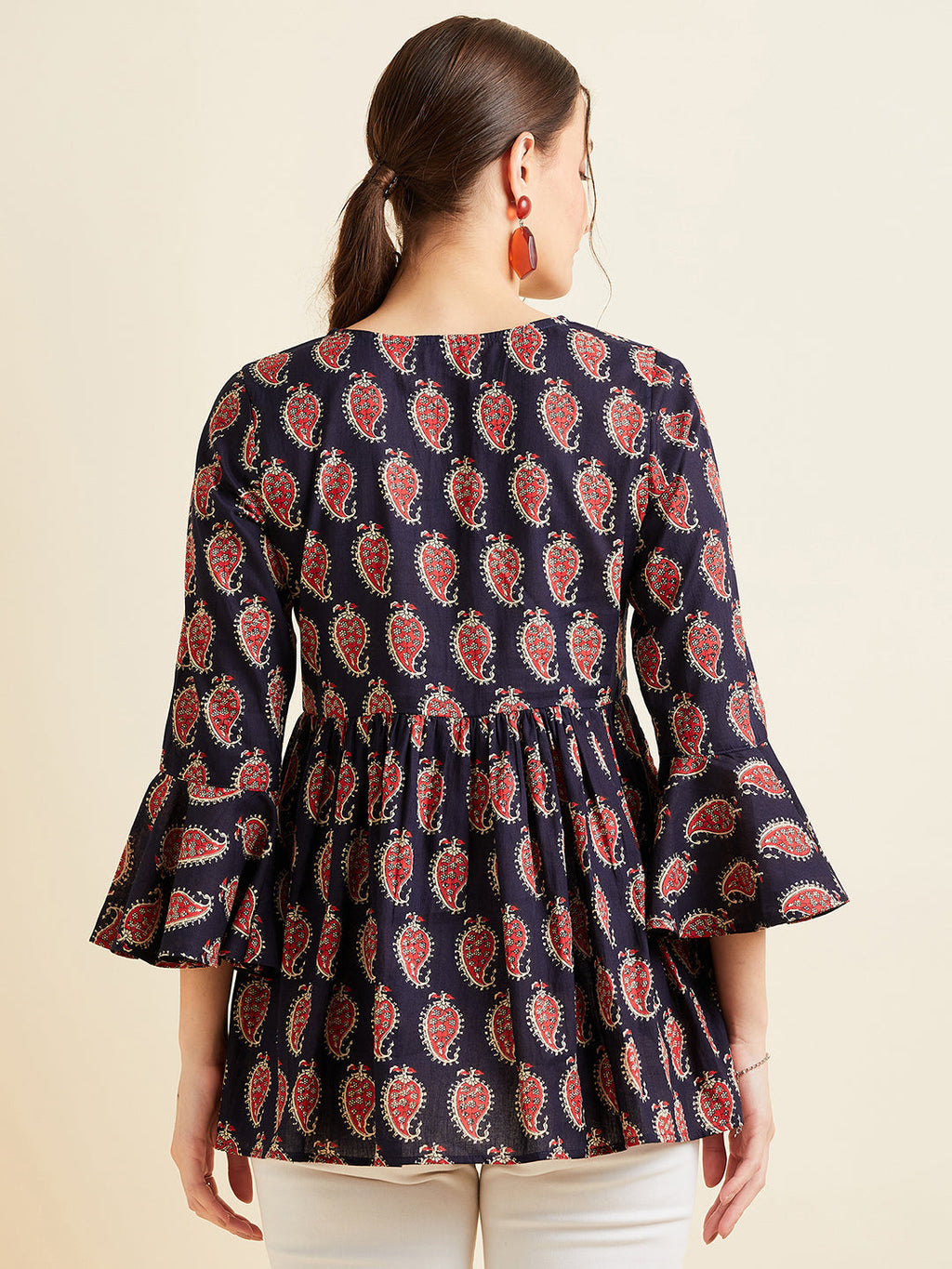 Paisley Printed Bell Sleeves Pleated A-Line Kurti