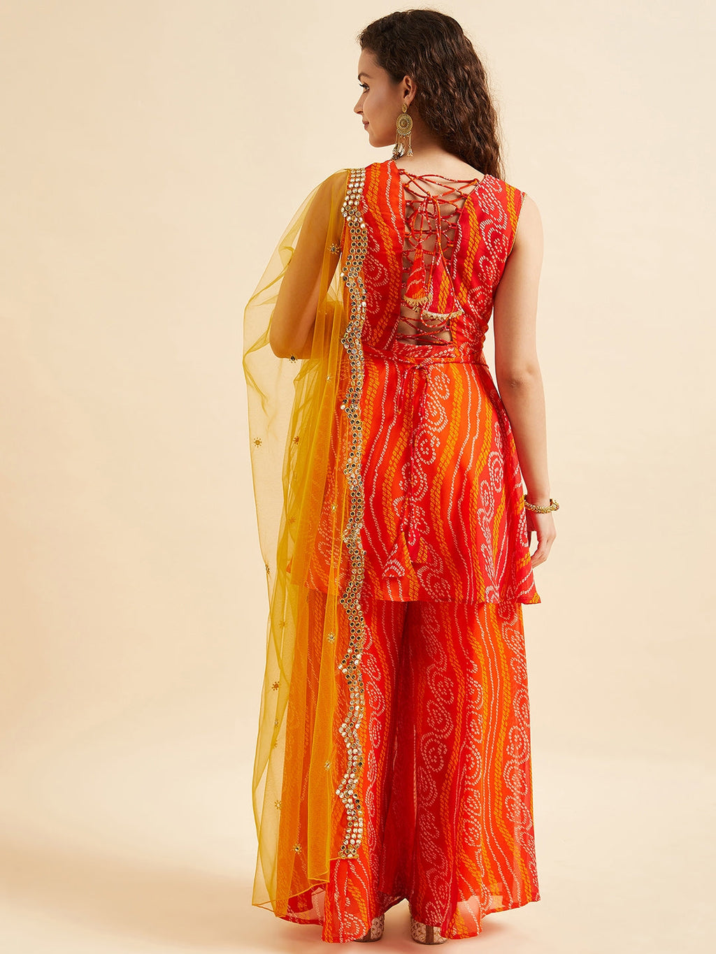 PANIT Orange Bandhani Printed Sequinned Kurta with Sharara & With Dupatta