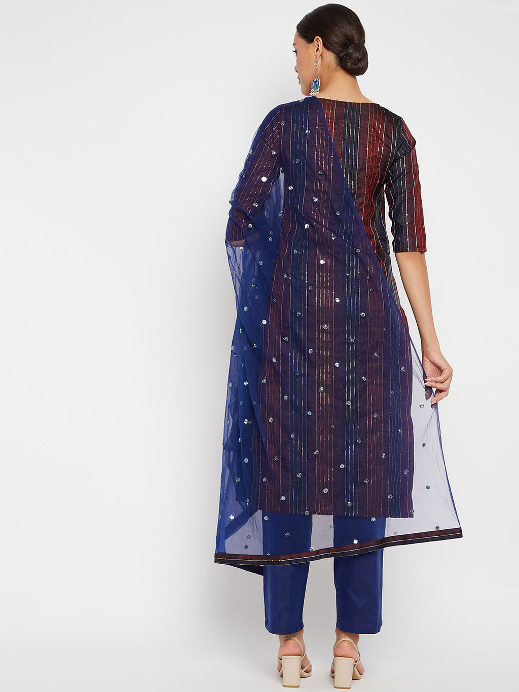 Women Maroon Blue Sequin Straight Kurta Set with Dupatta