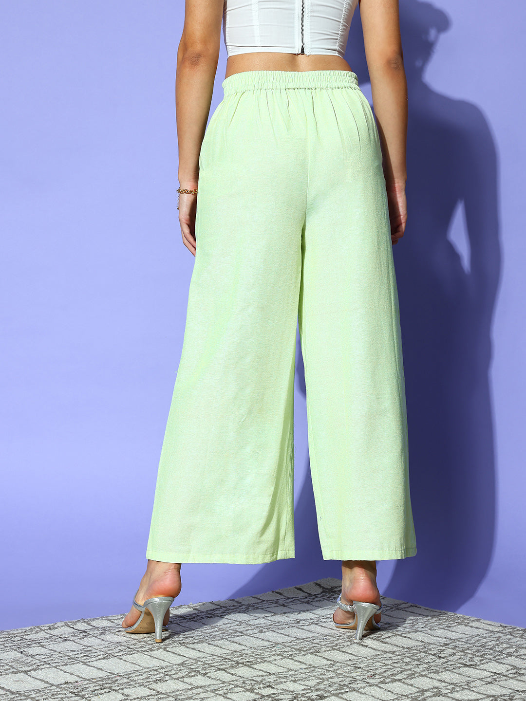 PANIT Women  Lime Green Solid Wide Leg Trousers