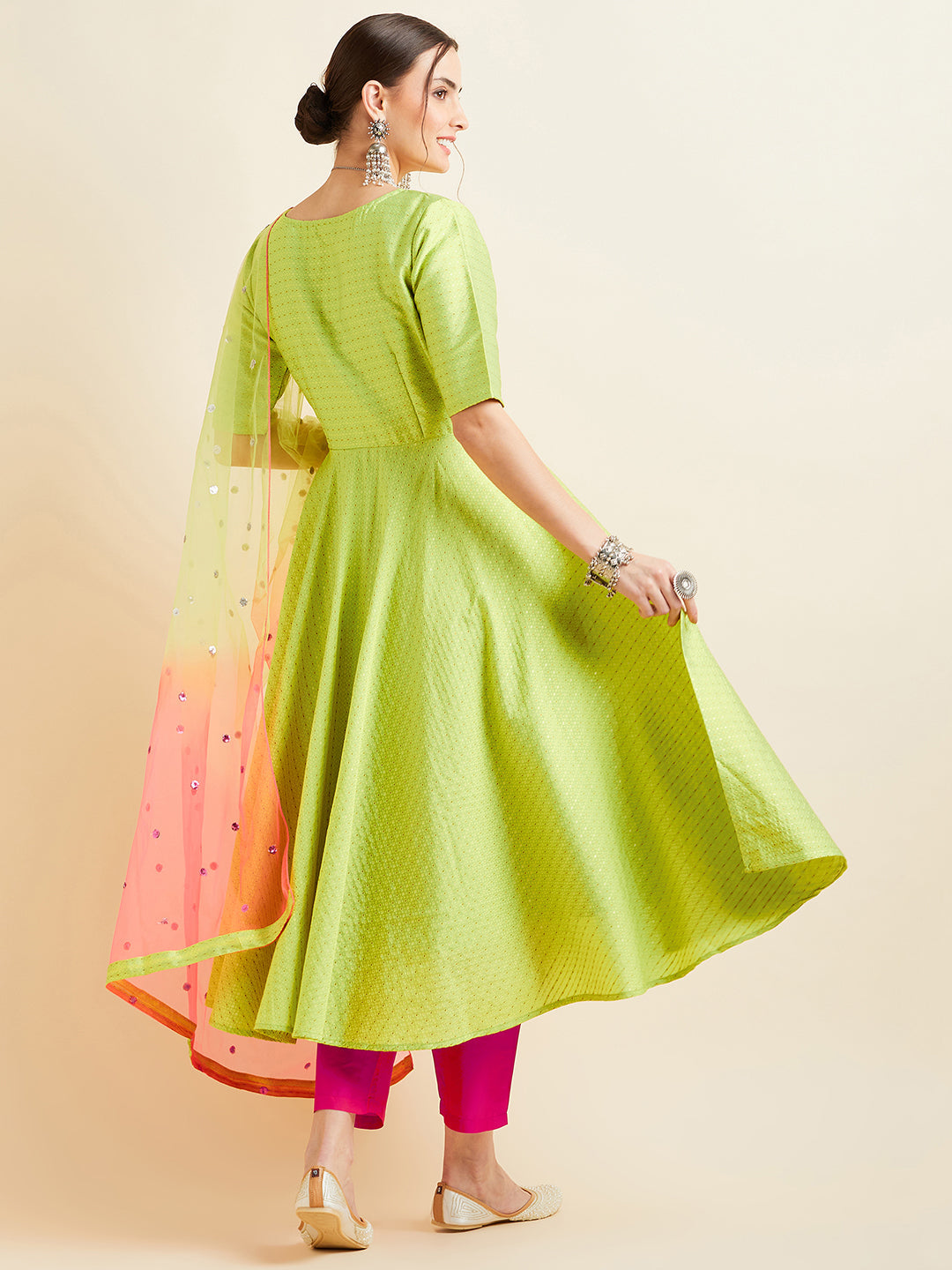 Women Neon Green Pleated Golden Thread Work Kurta Set With Trouser And Dupatta