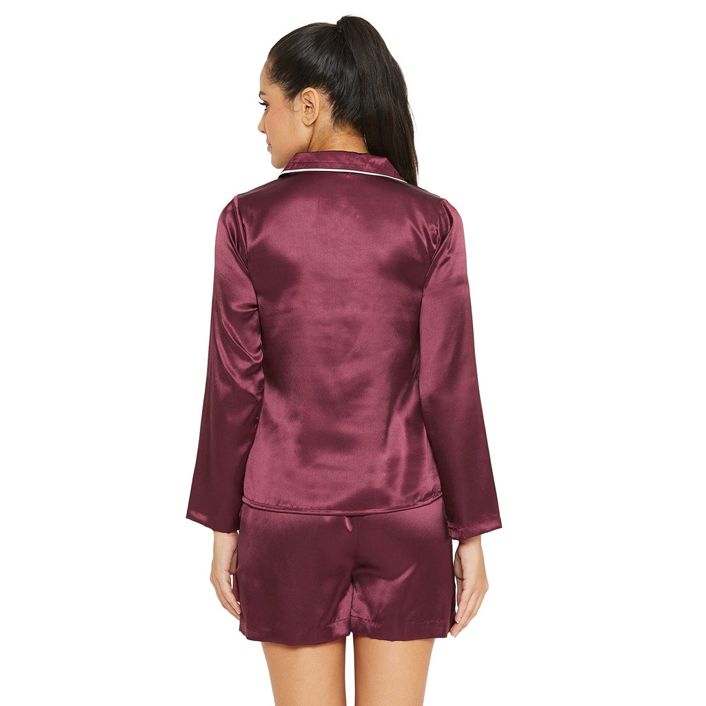 Women Wine Satin Finish Solid Night Suit