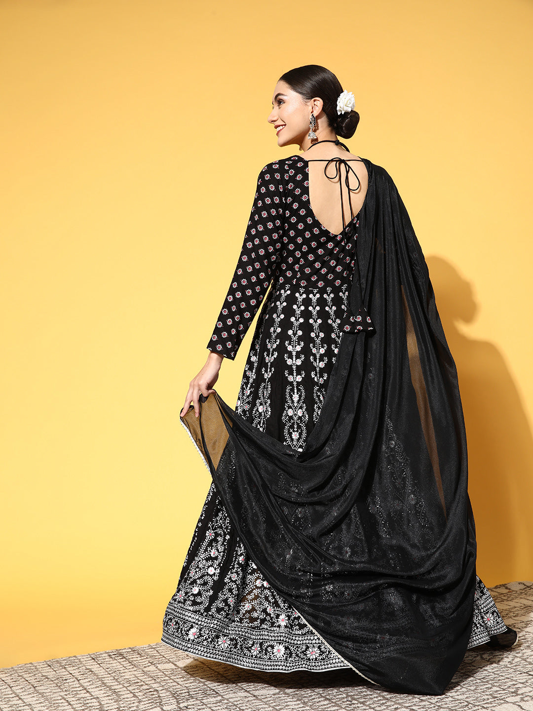 PANIT Black Ethnic Motifs Swirling Volume Dress