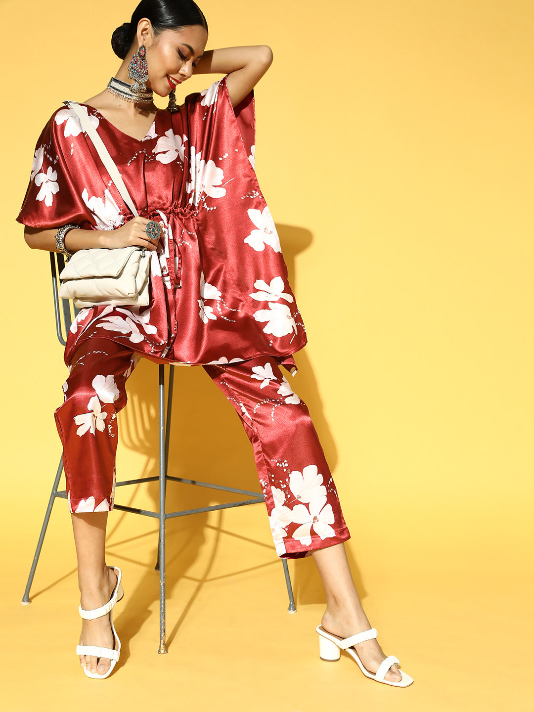 Women Maroon & White Floral Printed Kaftan Kurta with Trousers