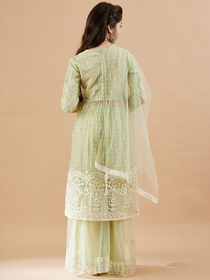 Girls Embroidered Net Empire Kurta with Sharara & With Dupatta