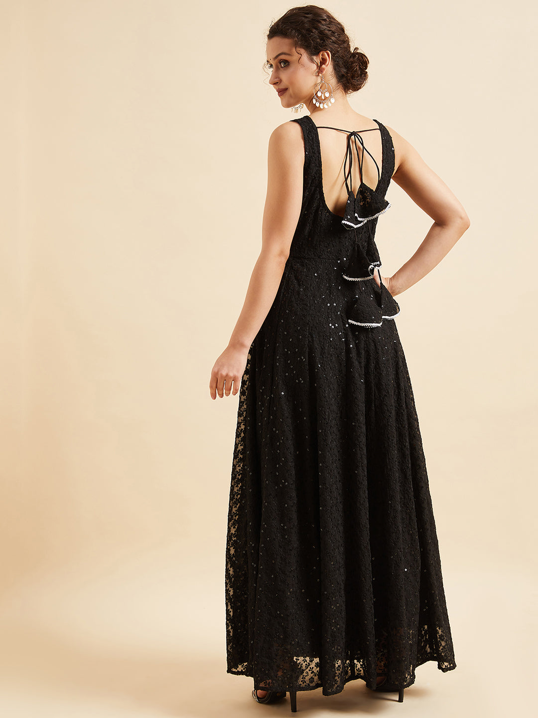 Embroidered Georgette Fit & Flare Maxi Dress - Black