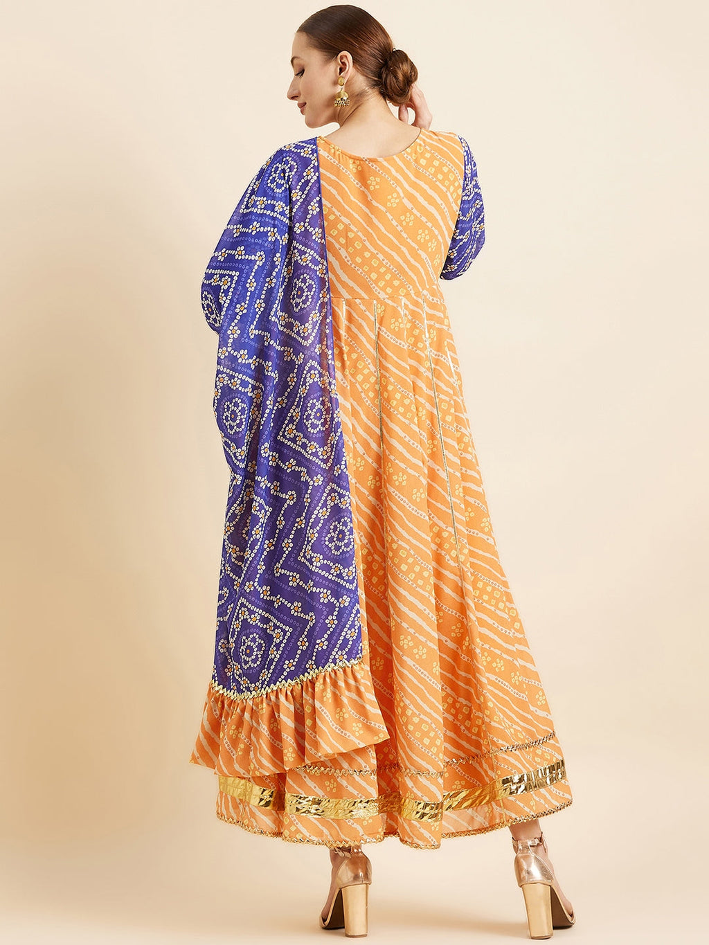 Yellow & Blue Bandhani Printed Kurta With Dupatta