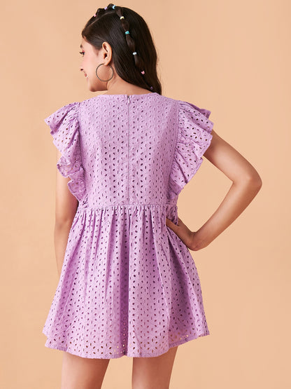 Girls Lavender Flutter Sleeve Fit  Flare Short Dress