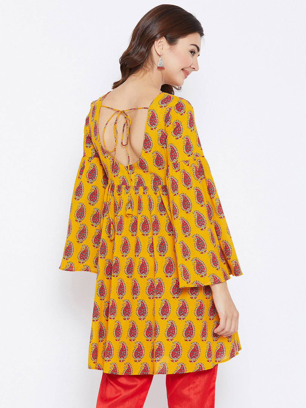 Women Yellow  Red Printed A-Line Kurta