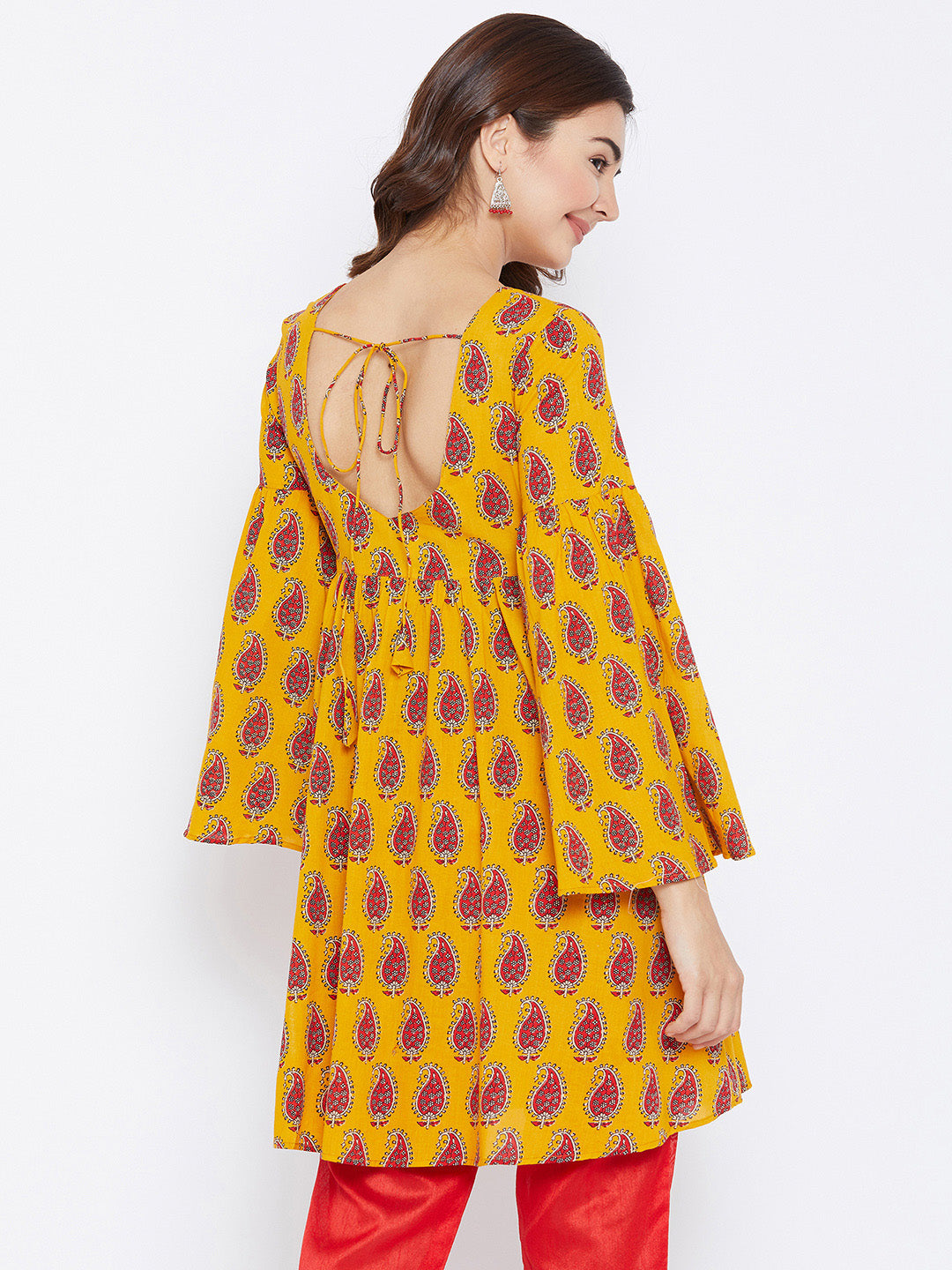 Women Yellow  Red Printed A-Line Kurta