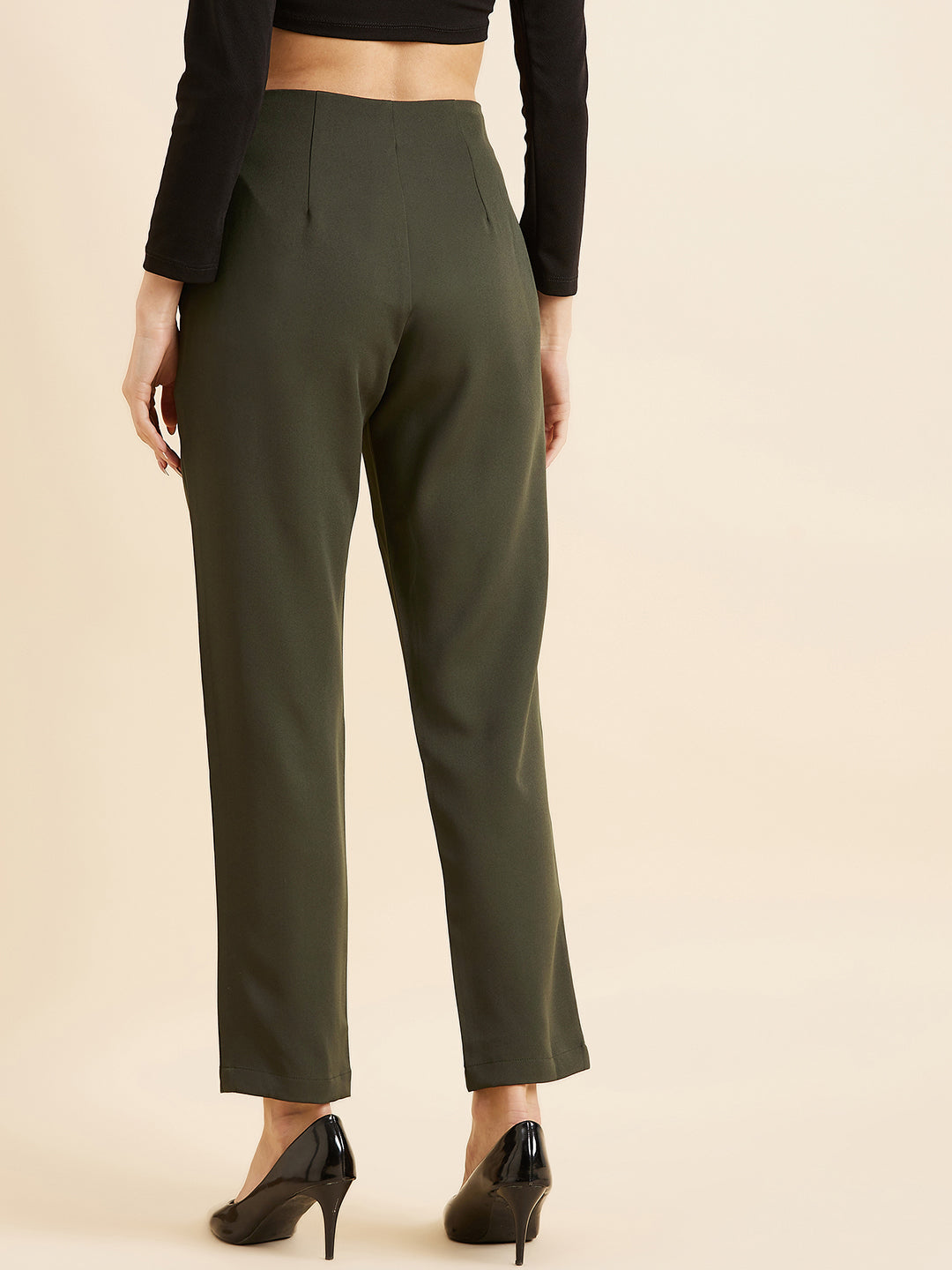 Olive Green Smart Straight Fit High-Rise Pleated Trousers