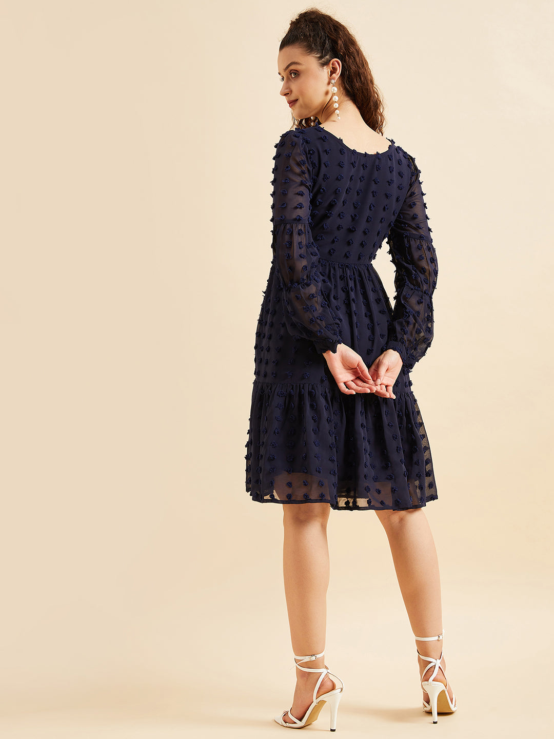 Women Puffed Sleeves Self Design Tiered Fit  Flare Georgette Dress