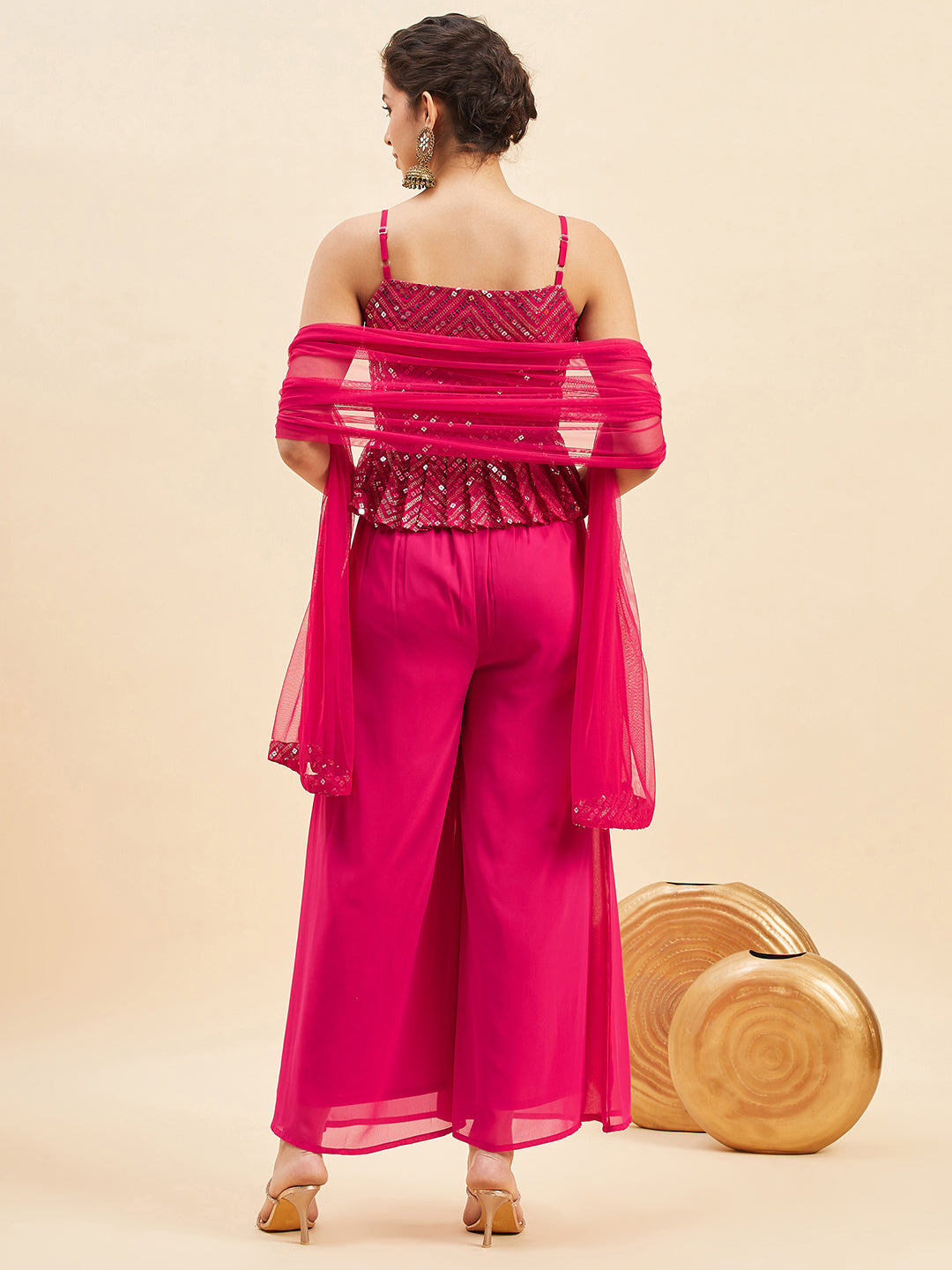 Magenta Pleated Sequinned Top with Sharara  With Dupatta