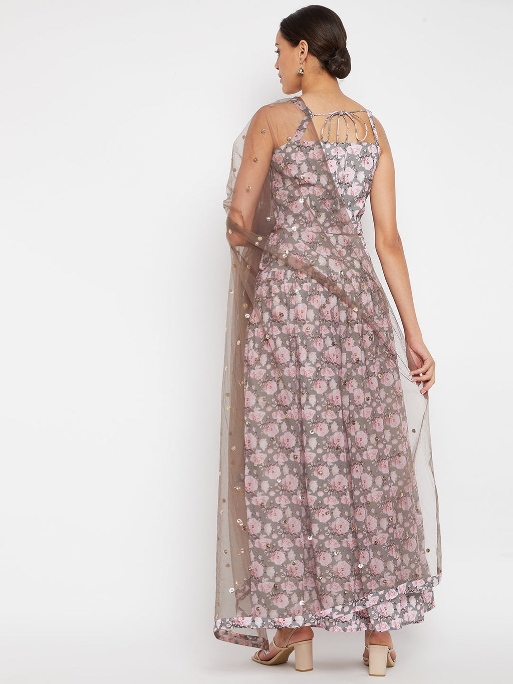 Women Grey Floral Printed Regular Top with Skirt & With Dupatta
