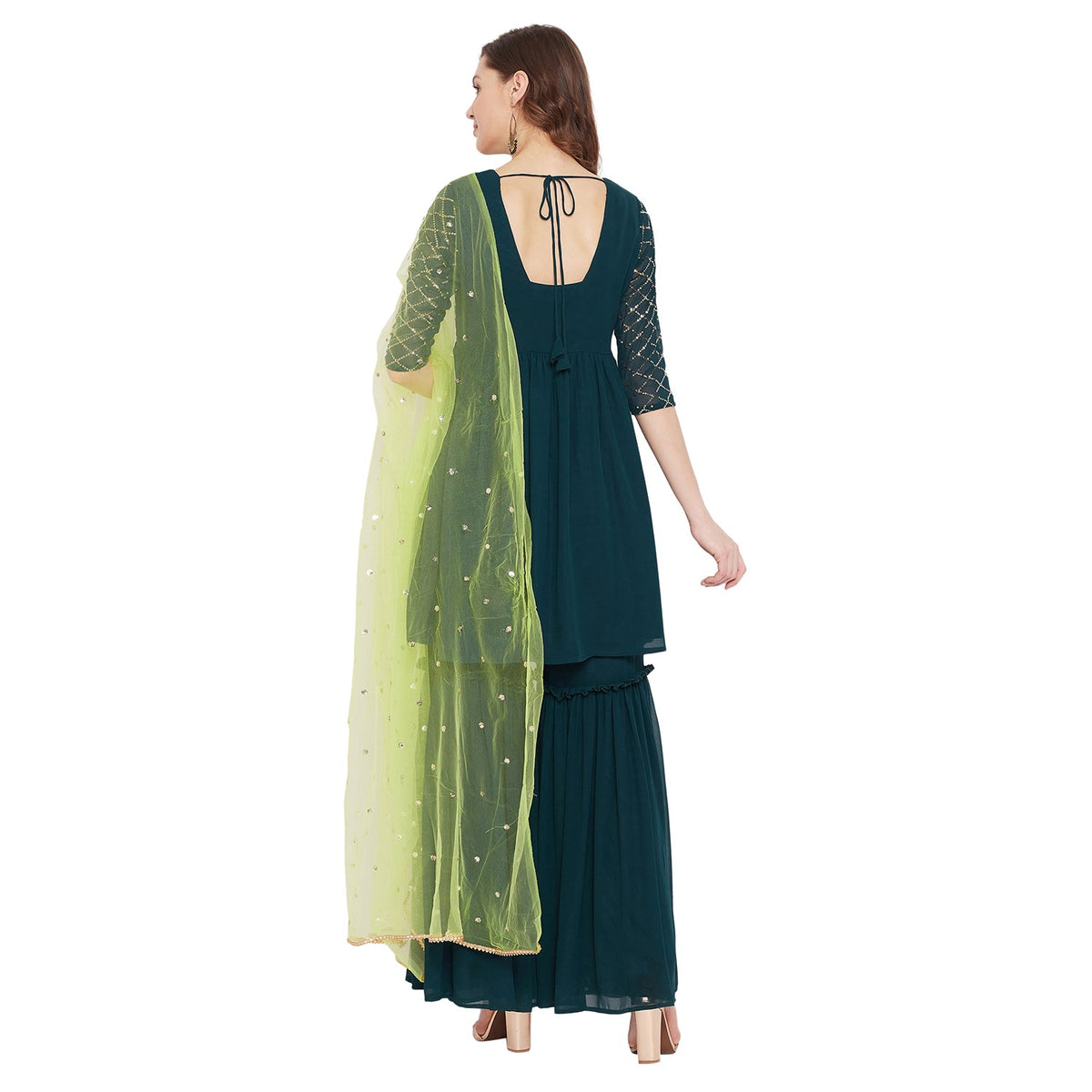 Dark green yoke and sleeve jaal embroidered sharara set with lime green dupatta