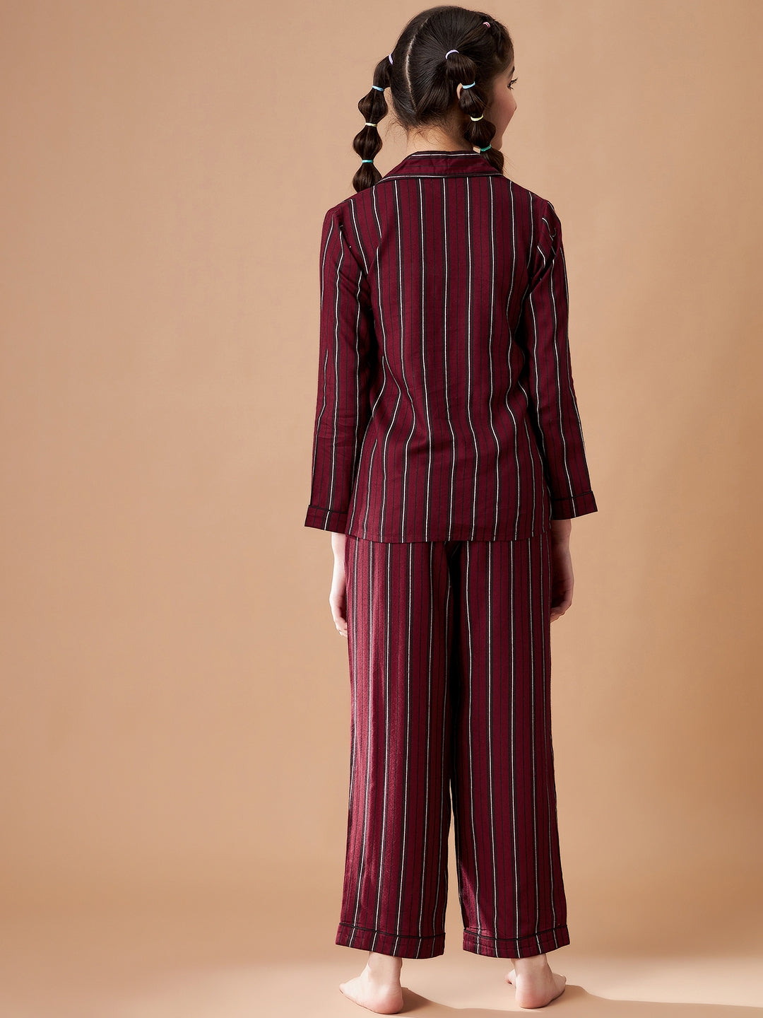 Girls Maroon Striped Cotton Night Suit Set