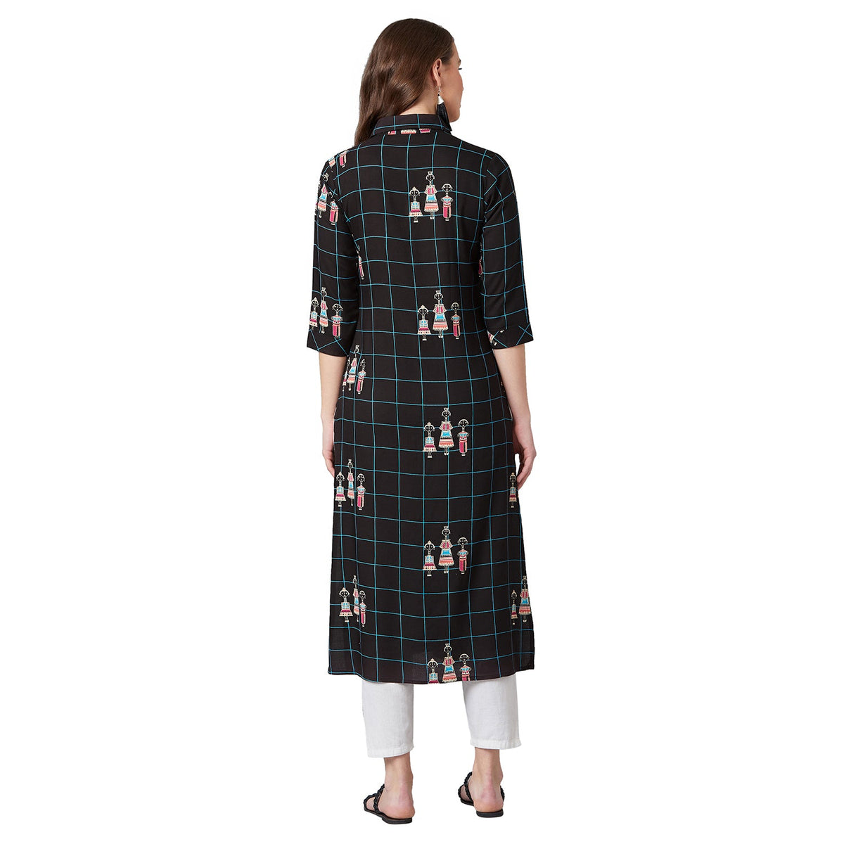 Women Black & Blue Tribal Print Straight Kurta
