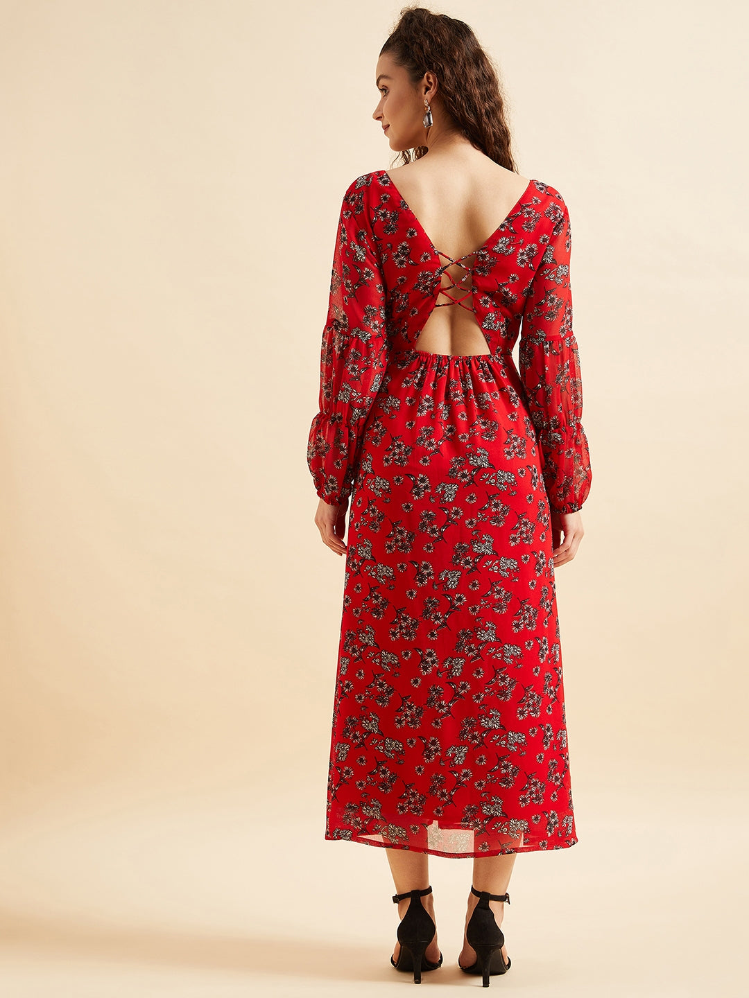 Floral Printed Puff Sleeve Georgette Maxi Dress