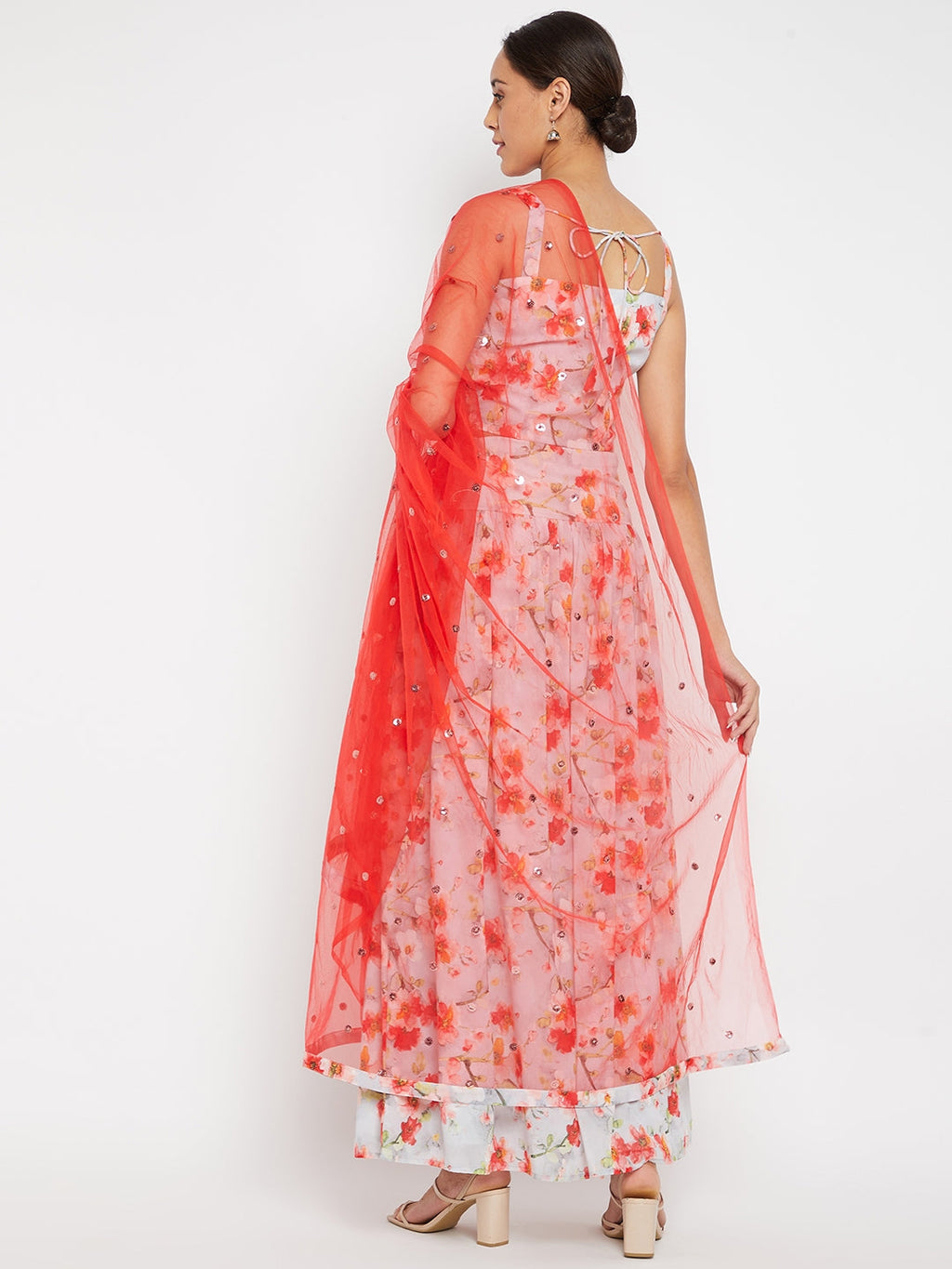 Women Off-White Floral Printed Regular Top with Skirt & With Dupatta