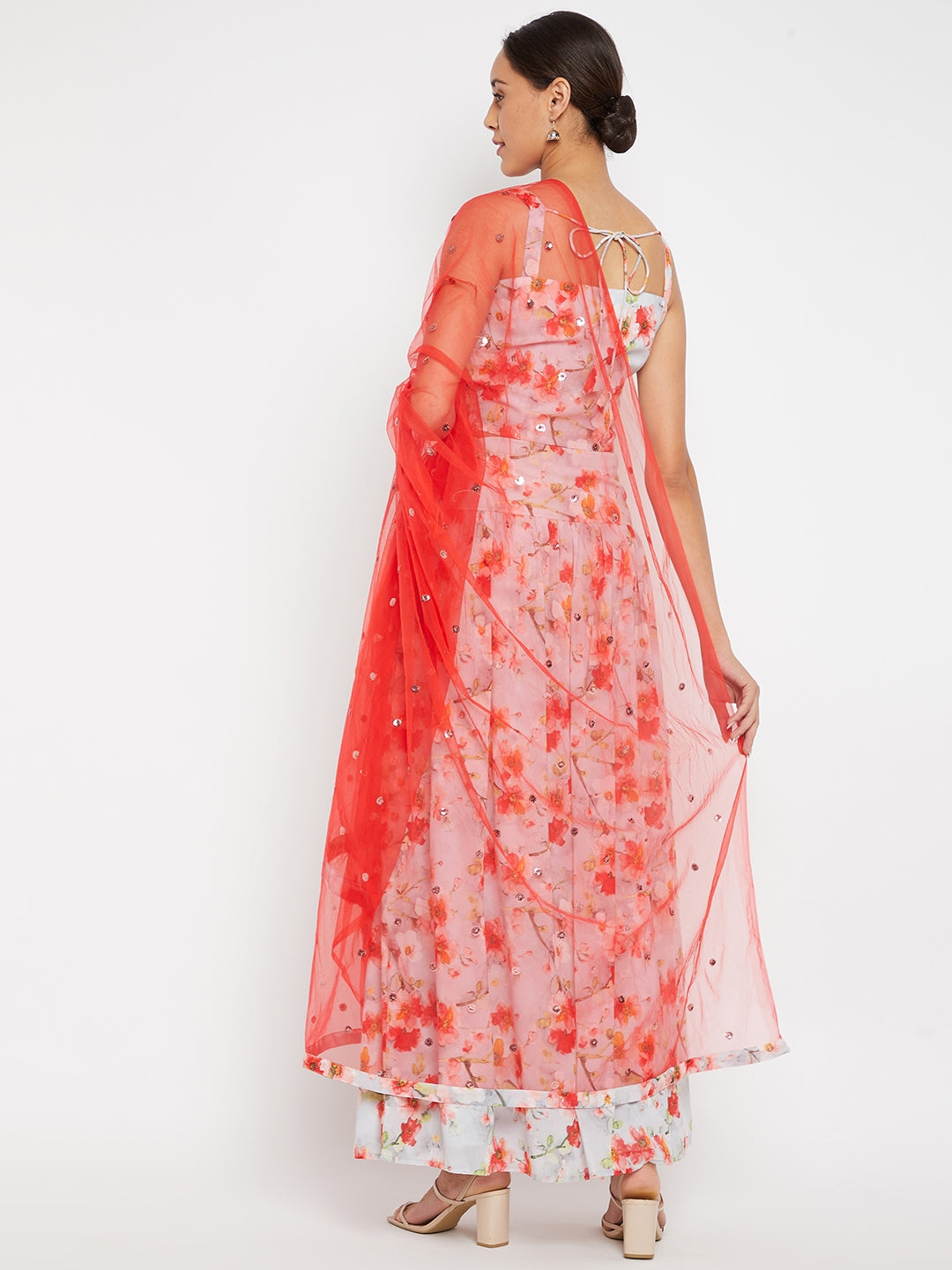 Women Off-White Floral Printed Regular Top with Skirt & With Dupatta