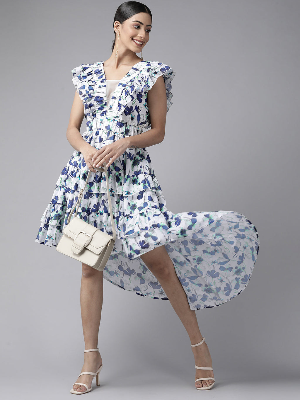 PANIT White  Navy Blue Floral Printed Ruffled Layered A-Line Midi Dress