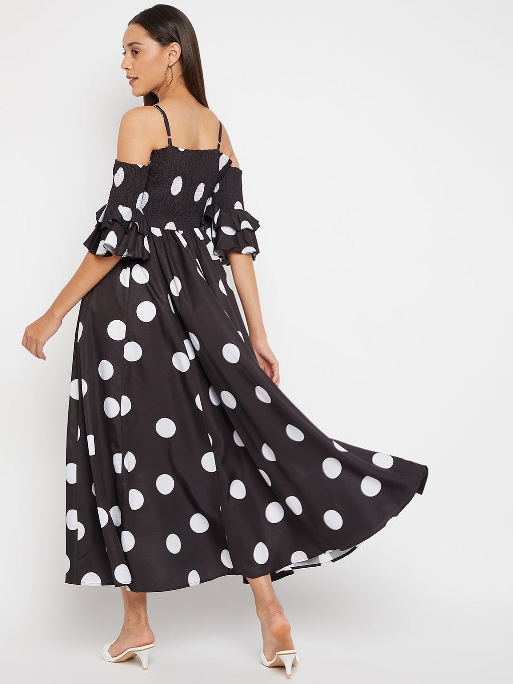 Women Black Base and White Polka Dot Printed Maxi Dress