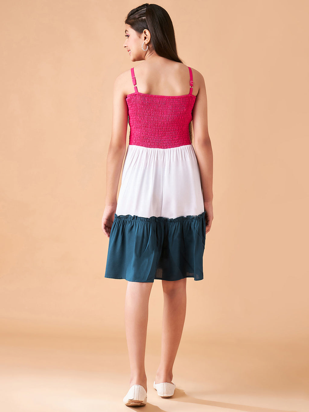 Girls Colourblocked Smocked Detailed Fit & Flare Dress