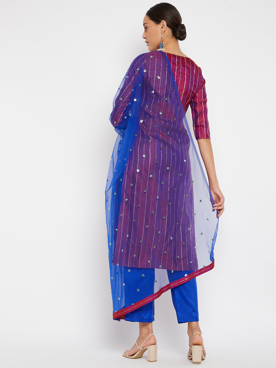 Women Purple Blue Sequin Straight Kurta Set with Dupatta