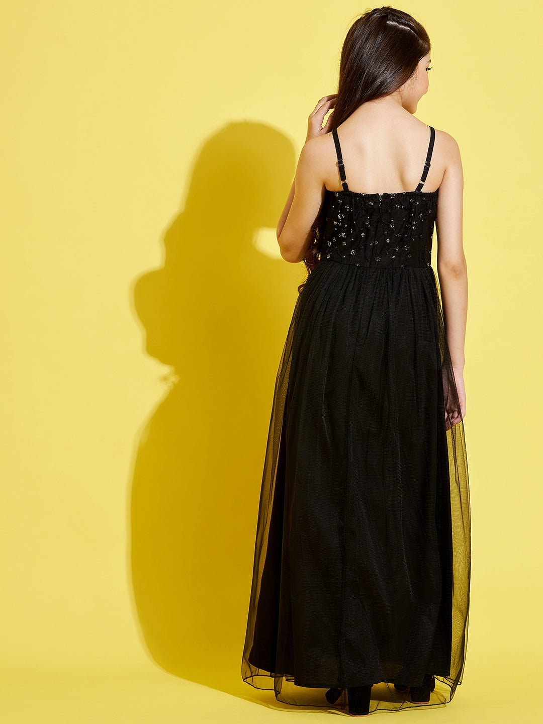 Girls Black Floral Net Maxi Dress