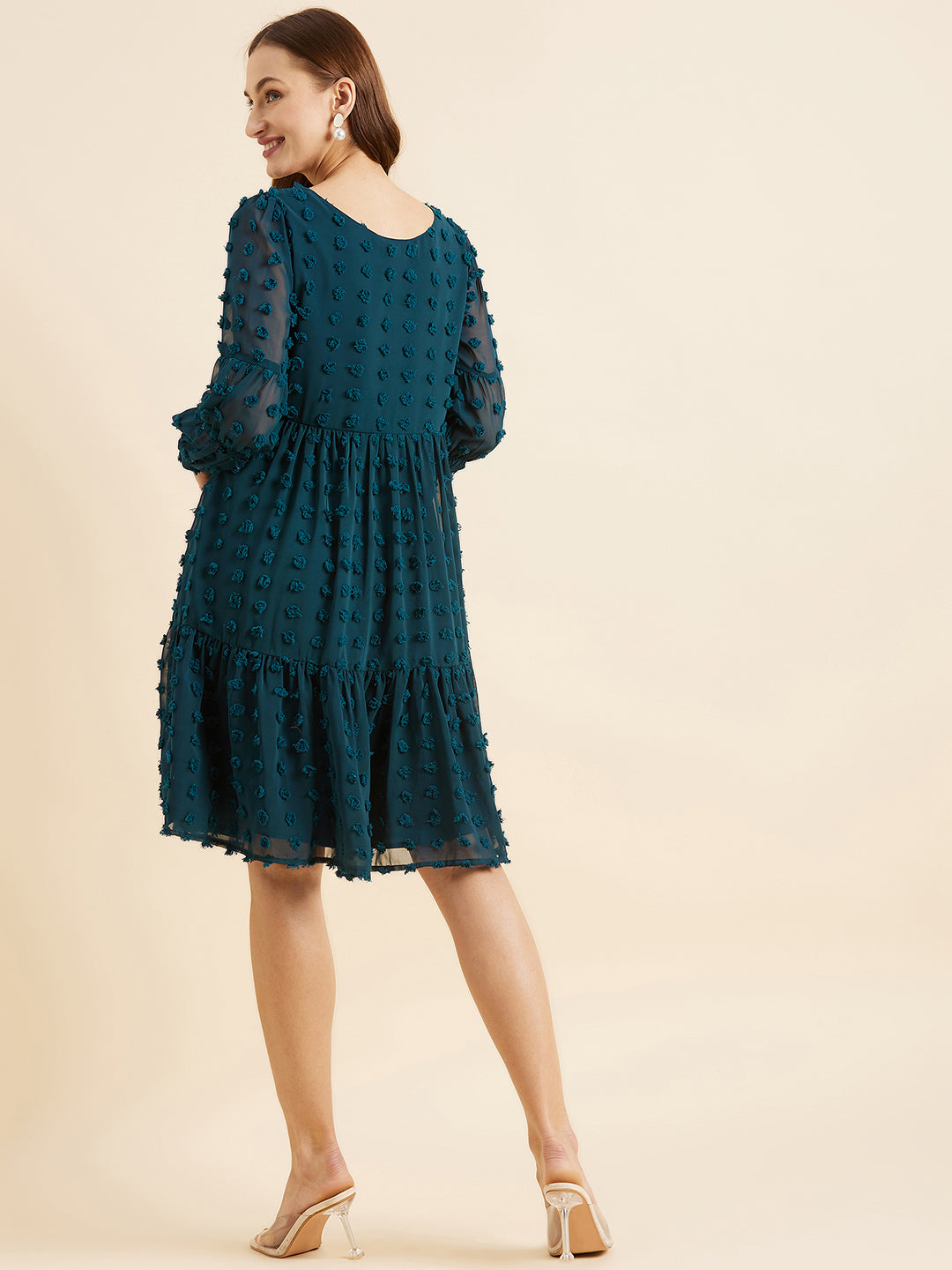 Dobby Fabric Puff Sleeves Tiered Fit & Flare Dress
