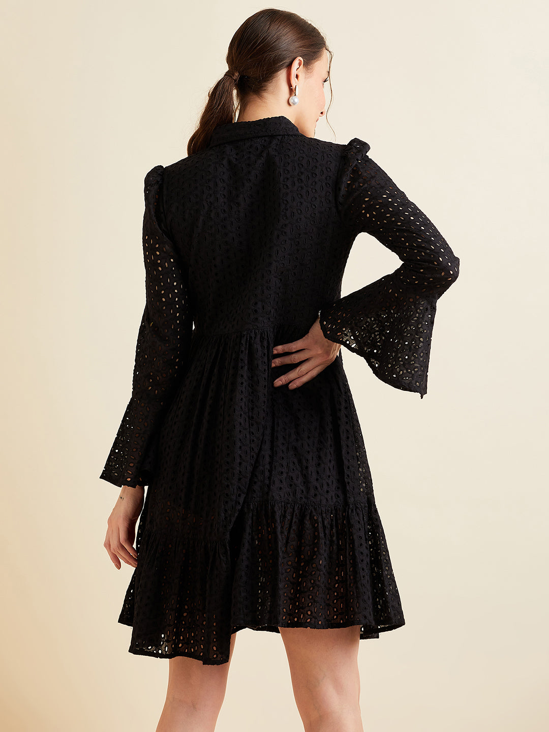 Women Black Shirt Collar Bell Sleeve Ruffled Schiffli Cotton A-line Dress