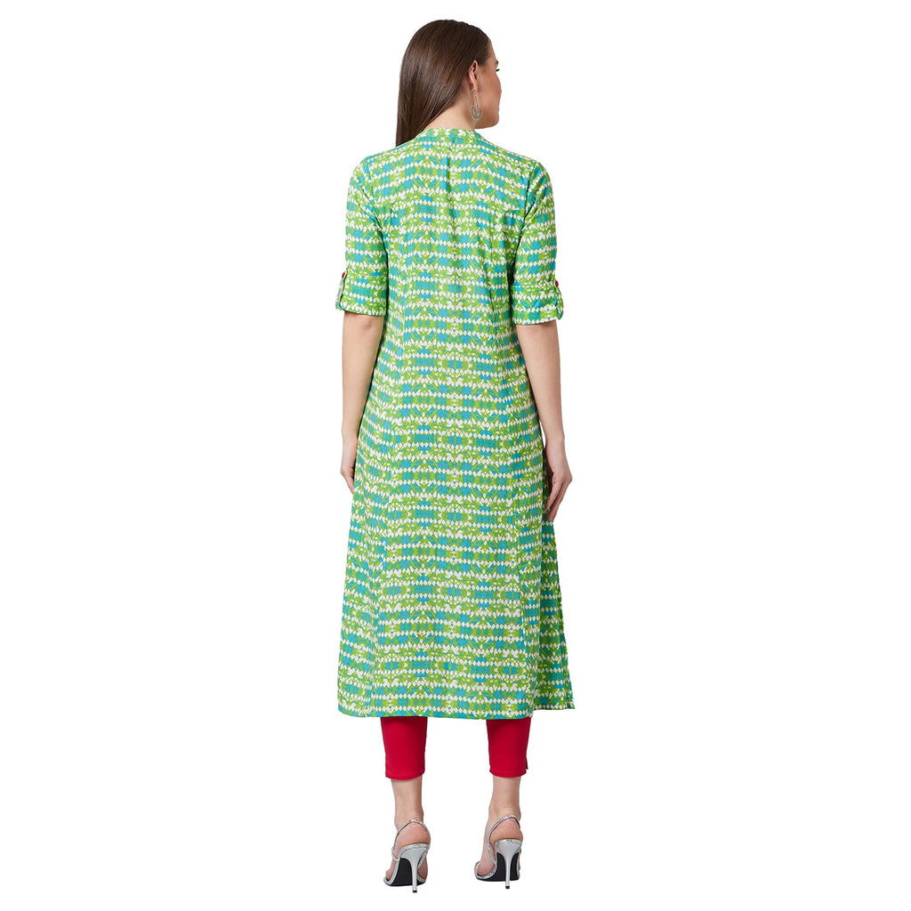 Women Green Printed A-Line Kurta