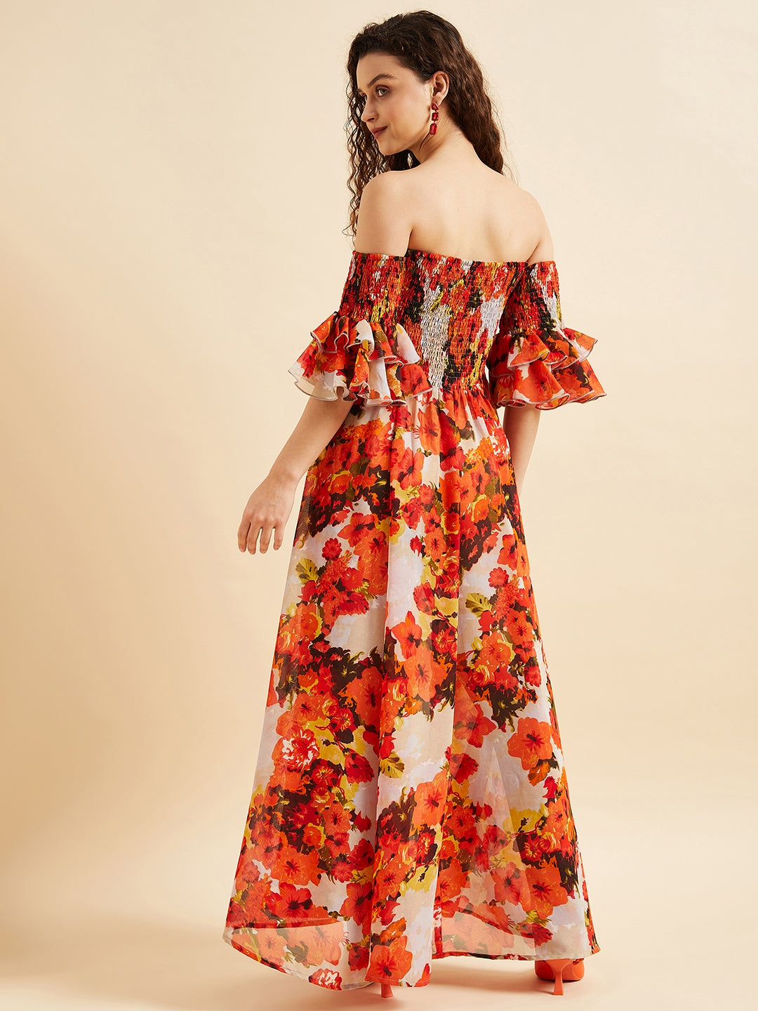Floral Off-Shoulder Smocked Georgette Maxi Dress