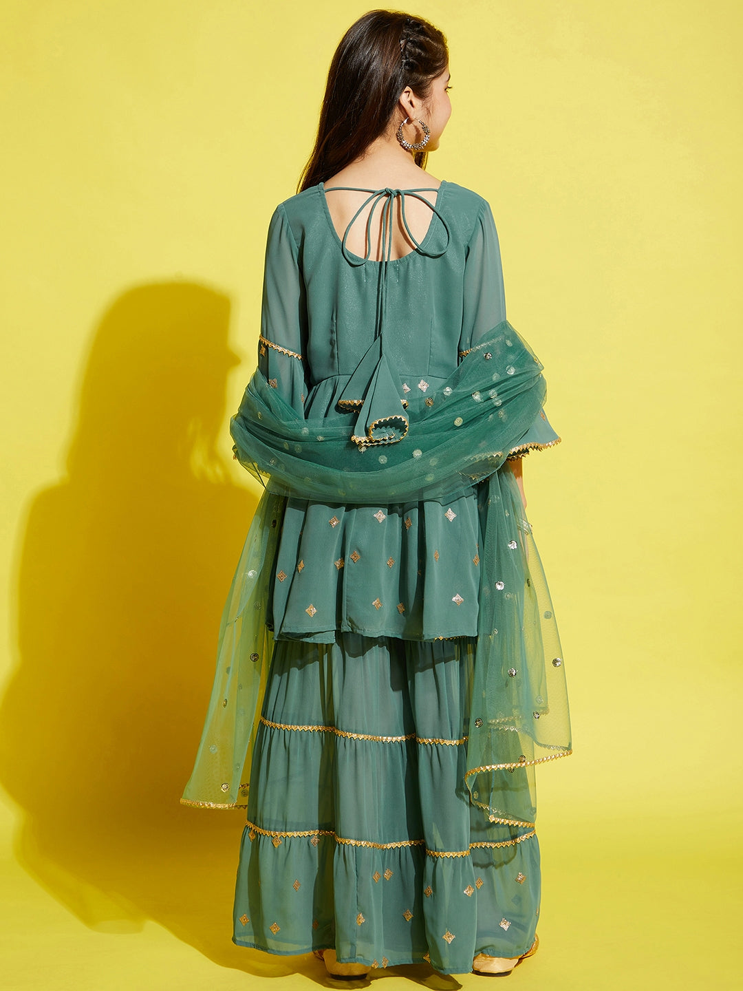 Girls Green Ethnic Motifs Embroidered Empire Kurta with Sharara & Dupatta